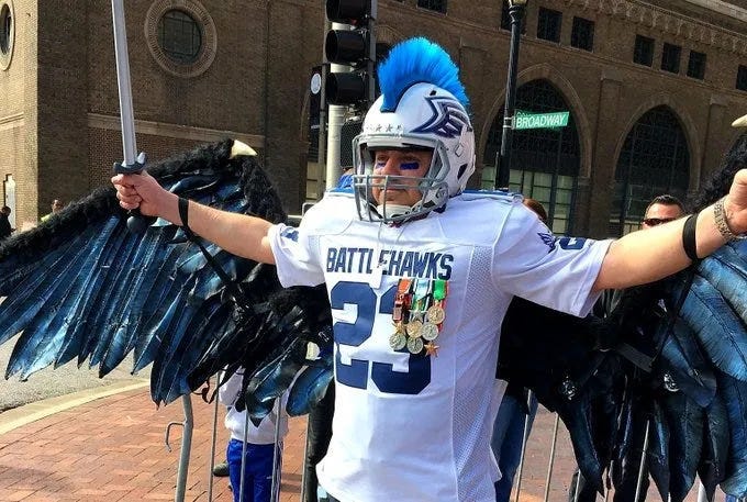 A St. Louis BattleHawk fan ready for gameday.