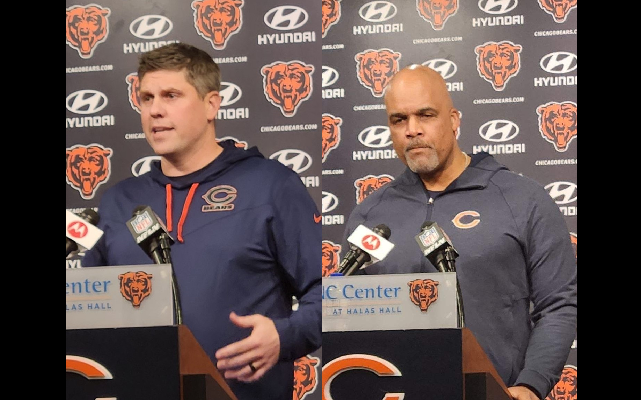Bears Offensive Coordinator Shane Waldron, left, and Defensive Coordinator Eric Washington spoke speak to the media during their introductory press conferences on Thursday.