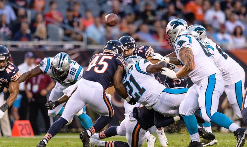  Panthers running back Elijah Holyfield (21) loses a fumble against the Bears.