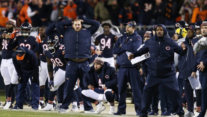 The Bears sideline reacts after Cody Parkey missed a game-winning field-goal attempt against the Eagles.