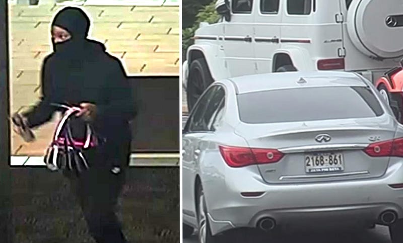 Surveillance photo of a shoplifting and assault suspect, and a photo of a vehicle believed to be involved.