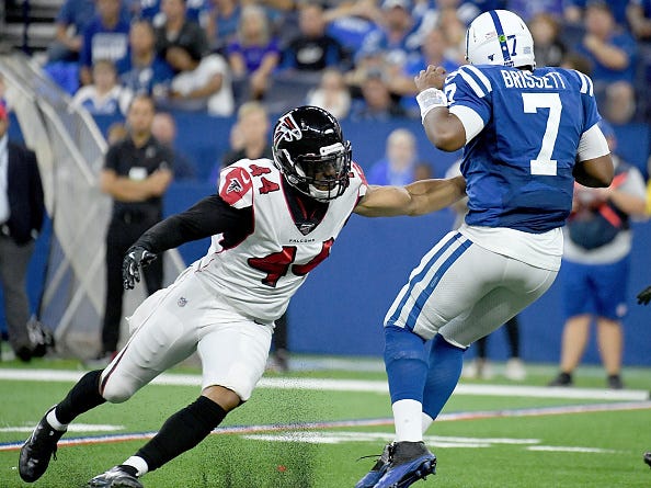 Vic Beasley pressures Colts QB Jacoby Brissett. 