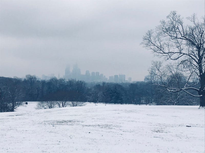 An ominous Philadelphia skyline as seen from Belmont Plateau in Fairmount Park.