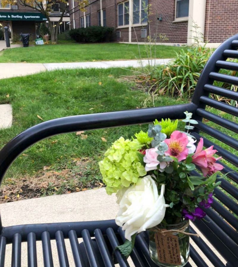 bouquet on bench