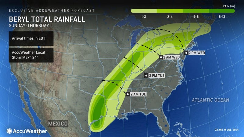 beryl rainfall on a US map