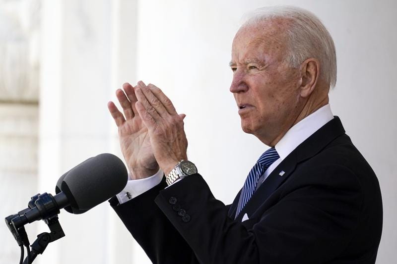 President Joe Biden speaks at Arlington National Cemetery on Memorial Day, Monday, May 31, 2021, in Arlington, Va.( Biden on Tuesday will take part in a remembrance of one of the nation’s darkest _ and largely forgotten _ moments of racial violence, marking the 100th anniversary of a massacre in Tulsa, Oklahoma that wiped out a thriving Black community.
