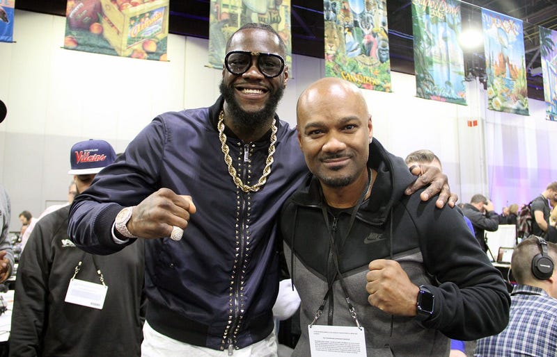 Big Tigger with boxing champion Deontay Wilder on Radio Row during Super Bowl Experience in Atlanta