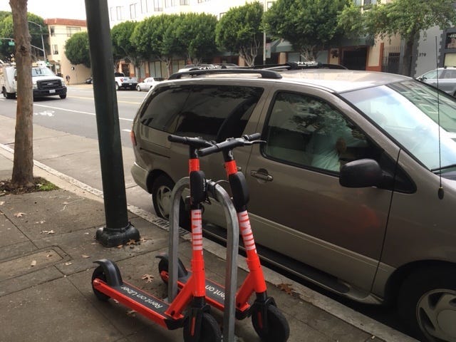 Cyclists in San Francisco are complaining that e-scooter riders like the devices to bike racks.