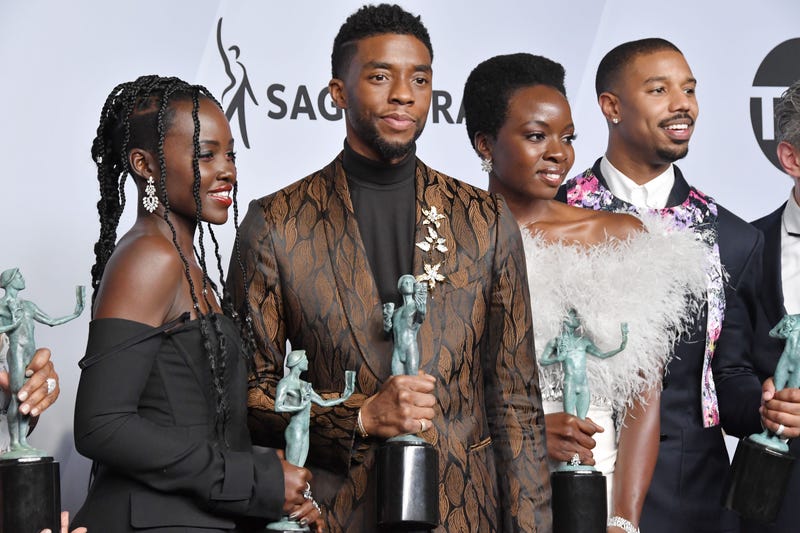 The cast of Black Panther, winners of the Outstanding Performance by a Cast in a Motion Picture at the 25th annual Screen Actors Guild Awards at The Shrine Exposition Center on January 27, 2019 in Los Angeles, California.