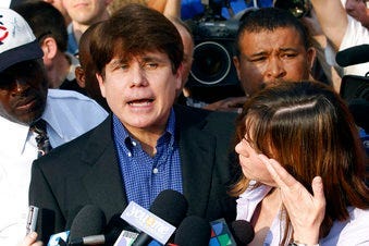 FILE - In this March 14, 2012, file photo, former Illinois Gov. Rod Blagojevich speaks to the media outside his home in Chicago a day before reporting to prison after his conviction on corruption charges. (AP Photo/M. Spencer Green, File)