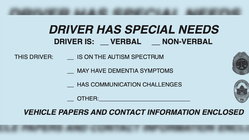 Inside the blue envelope, drivers are asked to keep a copy of their license, registration, proof of insurance, and a form that explains any special needs, including a contact person to help with the interaction if needed.