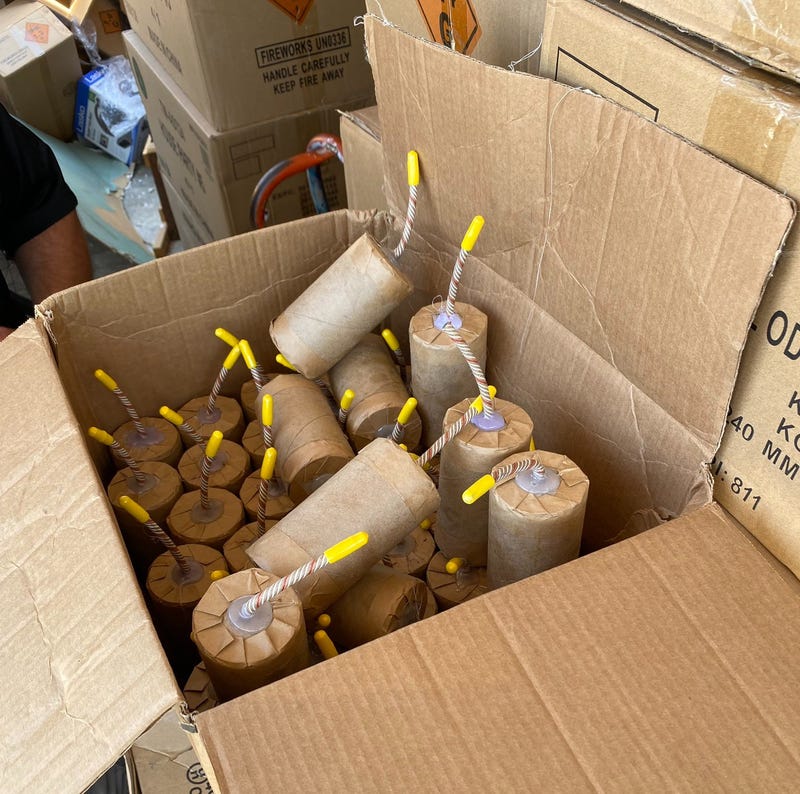 Eleven people were injured and several vehicles were damaged when LAPD Bomb Squad attempted to dispose of 5,000 pounds of commercial grade illegal fireworks in South Los Angeles. Photo by Pete Demetriou/KNX 1070 Newsradio