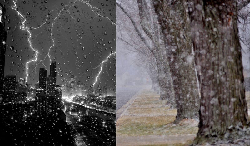 lightning, rain, snow