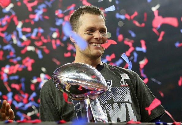 Tom Brady celebrates one of his six Patriots Super Bowls.