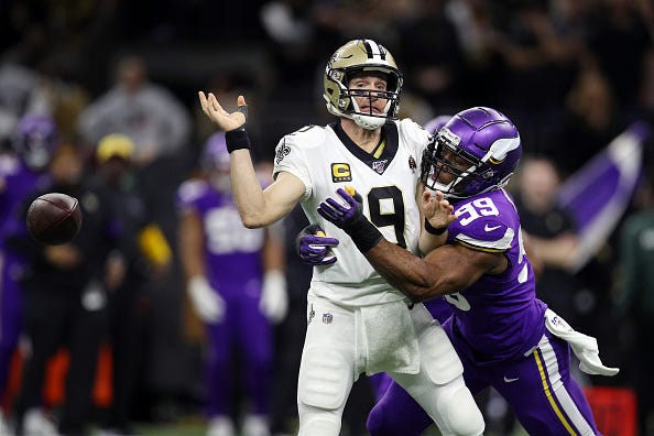 Saints QB Drew Brees fumbles the ball against the Vikings. 