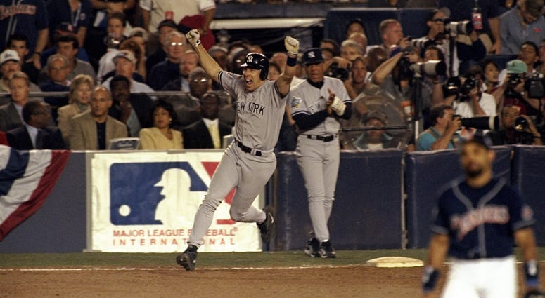The Yankees' Scott Brosius hits the winning home run during Game 3 of the World Series against the Padres on Oct. 20, 1998, at the Qualcomm Stadium in San Diego. 