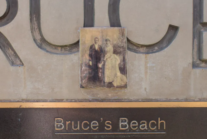 A photo of Willa and Charles Bruce was placed on the plaque at Bruces Beach in Manhattan Beach, California.