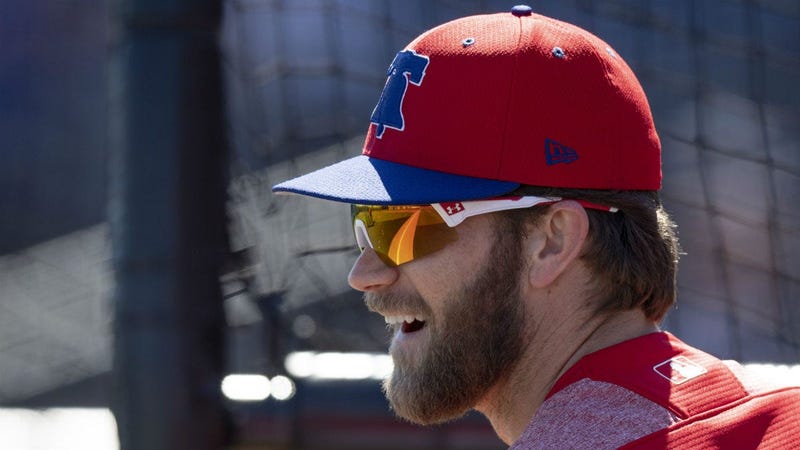 Philadelphia Phillies outfielder Bryce Harper (3) looks on during batting practice before a game between the Phillies and the New York Yankees at Spectrum Field. 