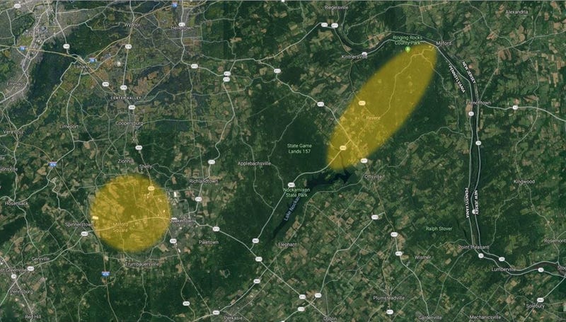 Map shows area of ongoing investigation into a series of explosions in Upper Bucks County.