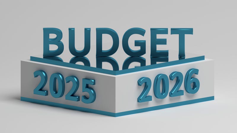 Business financial planning illustration with pedestal, large budget word and year 2025 and 2026 numbers - stock photo