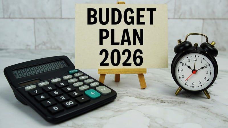 Budget plan 2026 text written on paper card with calculator and alarm clock on marble background - stock photo