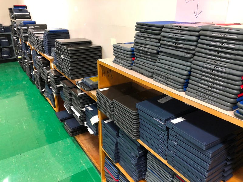 Tablets at former Buffalo School 28 await pickup by students and parents for remote learning. August 26, 2020 (WBEN Photo/Mike Baggerman)