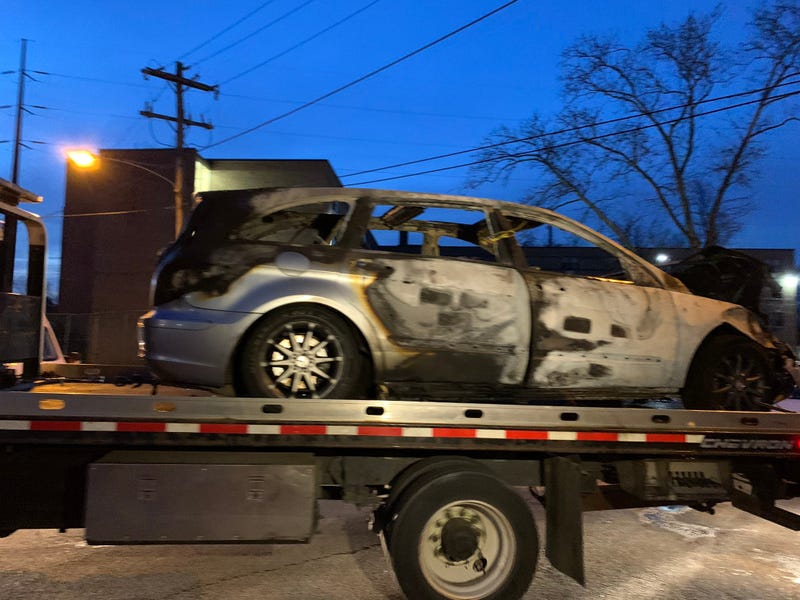 Police say this car was set on fire overnight on Fishers Lane, not far from Broad Street in the Logan section of Philadelphia.