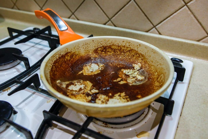 frying pan with burnt on stains