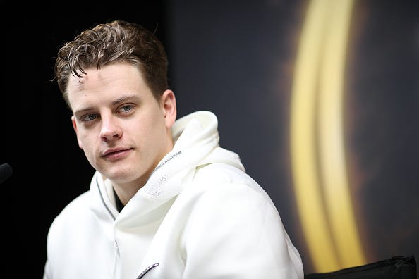 Joe Burrow talks before the NCAA title game. 
