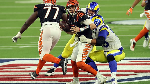 Joe Burrow takes beating with Super Bowl-record seven sacks in loss to Rams