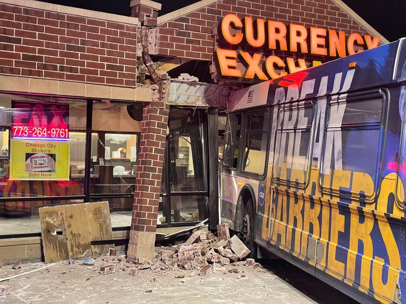 CTA bus into building