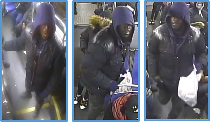 Surveillance photos of a man in a black coat and dark blue hooded sweatshirt underneath, with a mustache.