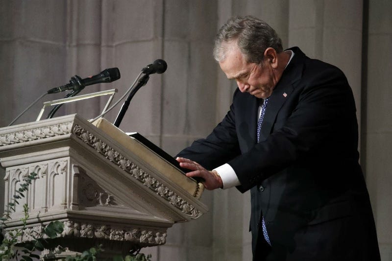 Former President George W. Bush speaks at the State Funeral for his father, former President George H.W. Bush, at the National Cathedral, December 5, 2018 in Washington, DC.