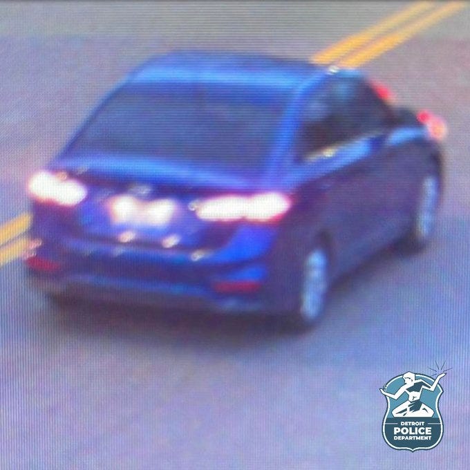a blue 2019 Hyundai Accent was stolen from a woman in the area of W. 7 Mile Road and Montrose around 10:15 a.m. on April 1; her 14-month-old was secured in the backseat.