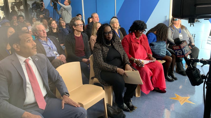 The audience at Wednesday's ribbon-cutting ceremony for a new music room at the Juvenile Justice Services Center included the mayor, the superintendent and actor and musician Kevin Bacon, a donor who helped make the renovated space possible.