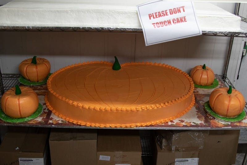 One the menu for the Zone 6 Dining Facility at Camp Arifjan this year: roasted turkey, shrimp cocktail, green beans and ribeye roasts. There are also pies - pumpkin, sweet potato, pecan and apple - and cakes such as this pumpkin-shaped one.