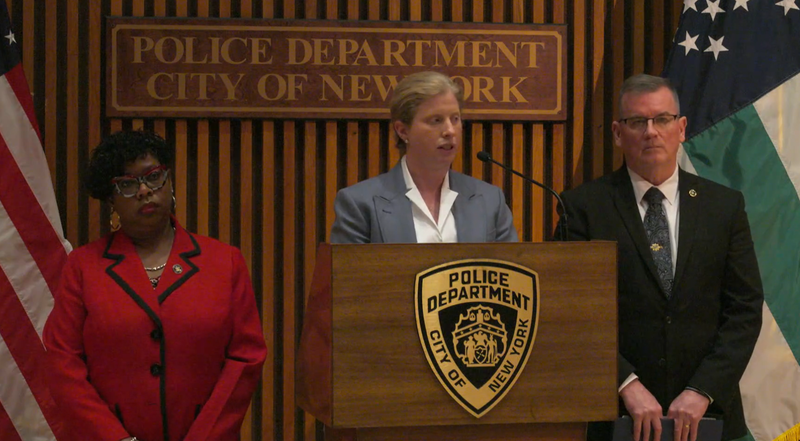 Bronx District Attorney Darcel Clark (L), NYPD Commissioner Jessica Tish (Center) and NYPD Chief of Detectives Joseph Kenny (R) hold a press conference announcing an arrest in the murder of a 14-year-old in the Bronx.