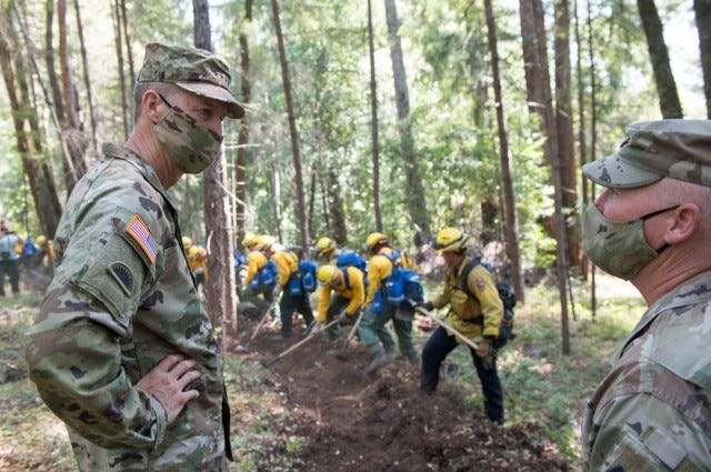 Rescue missions and support to civil authorities fighting wildfires were the focuses of West Coast troop visits by the National Guard’s highest-ranking general and his senior enlisted advisor this week.
