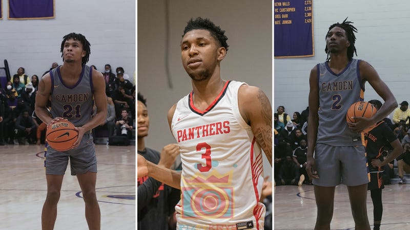 Camden H.S. guard D.J. Wagner, Imhotep H.S. forward Justin Edwards, Camden H.S. center Aaron Bradshaw. 