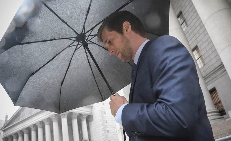 Cameron Collins, son of former Rep. Chris Collins, leaving court after he pleaded guilty to insider trading in October. (Bebeto Matthews/AP)