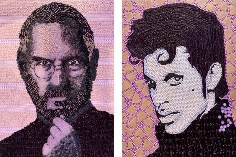 Details of candy portraits of Steve Jobs and Prince.