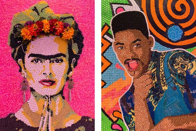 Details of candy portraits of Frida Kahlo and Will Smith.
