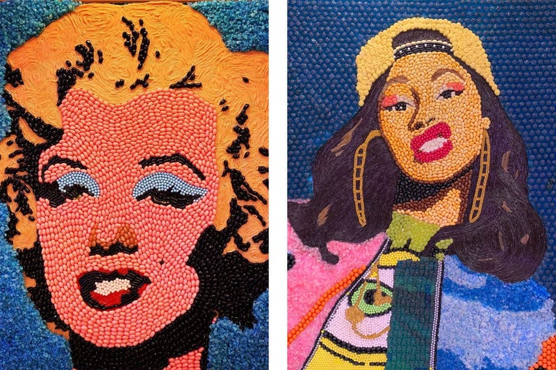 Details of candy portraits of Marilyn Monroe and Cardi B.