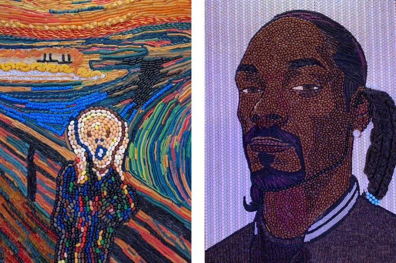 Details of a candy recreation of Edvard Munch's 'The Scream' and a candy portrait of Snoop Dogg.