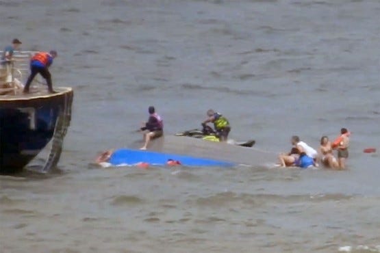 Images of a vessel that capsized in the Hudson River on July 12, 2022, killing a 48-year-old woman and 7-year-old child.