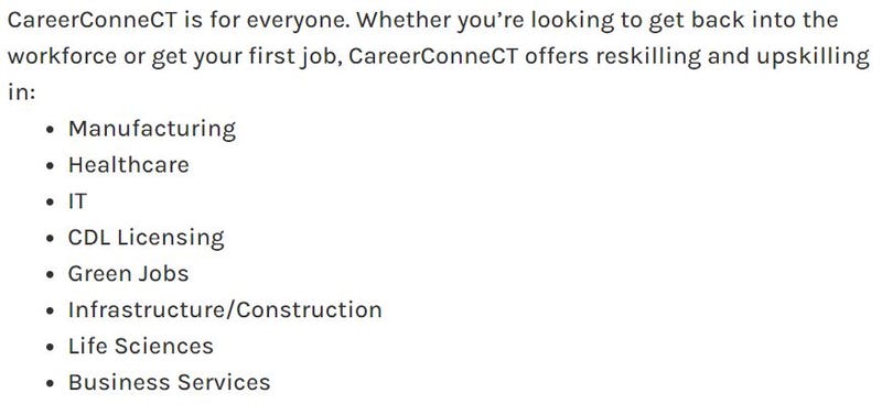 Part of the pitch for CareerConneCT, found on the program website.