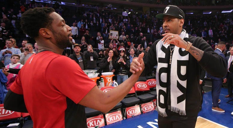 Heat guard Dwayne Wade (3) shakes hands with former Knick Carmelo Anthony after a game at Madison Square Garden on Jan. 27, 2019.