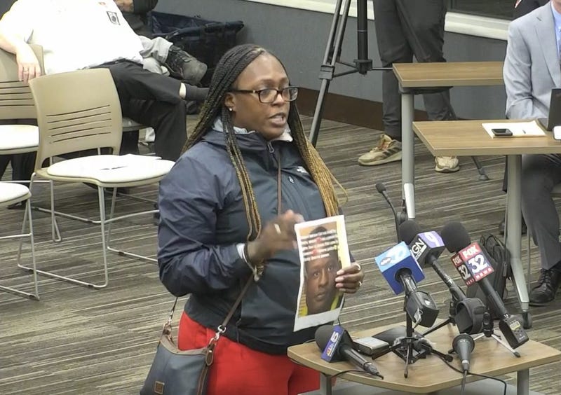 Relative of Isaac Goodlow III speaks at village board meeting.