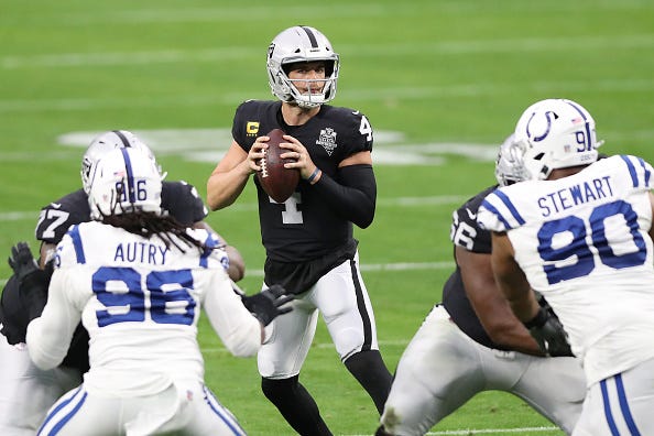 Raiders QB Derek Carr drops back for a pass against the Colts. 