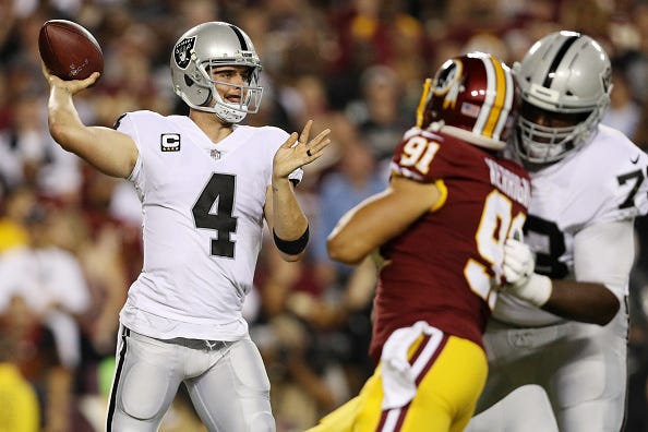 Derek Carr makes a pass under pressure against Washington